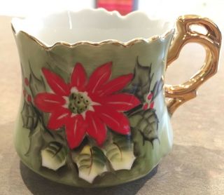 Vintage Lefton China,  Hand Painted,  Poinsettia/holly Flat Bottom Cup W/ Gold Trim