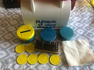 Vintage Playskool Shoe Shine Kit With Shoe Polish,  Coin Can,  Coins,  Brush,  Cloth