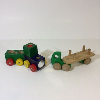 Vintage Wooden Toy Tractor Trailer And Haba Train Cars Wood Magnetic Mirrored