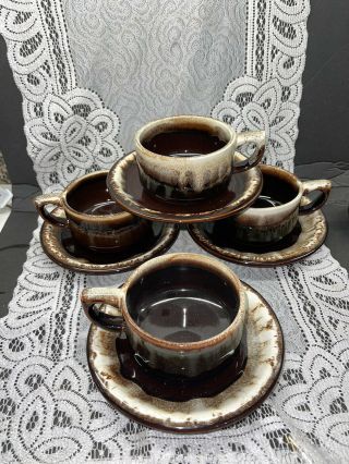 Pfaltzgraff Gourmet Brown Drip Glaze Coffee Mugs & Saucers - Set Of 4 Usa Vintage