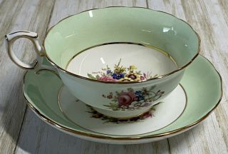 Vintage Hammersley Teacup And Saucer - Pastel Green And White Floral Gold
