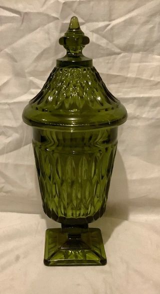 Vintage Indiana Glass Diamond Point Green Candy Apothecary Jar W/ Lid