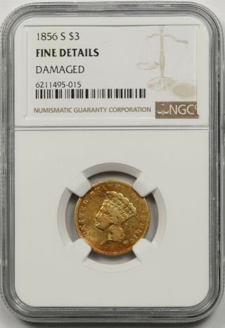 1856 - S $3 Ngc Fine Details Indian Princess Head Three Dollar Gold Piece