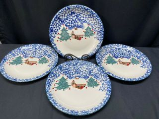 Tienshan Folk Craft " Cabin In The Snow " Set Of 4 Dinner Plates 10 1/4 "