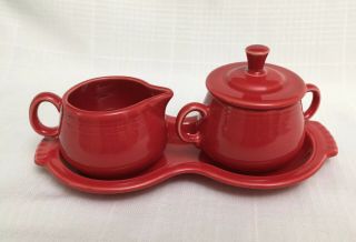 Vintage Fiesta Red Cream & Sugar Set With Tray Scarlet 4 Pc Hl Made In Usa