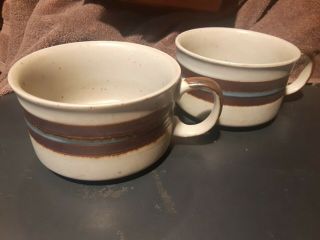 2 Vintage Otagiri Horizon Stoneware Soup Mug Speckled,  Brown Blue Band 2 3/4 " H