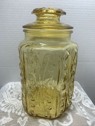Vtg Mid Century L E Smith Amber Glass Canister Atterbury Scroll Retro Cookie Jar