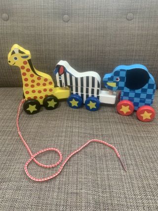 Melissa And Doug Wooden Animal Pull Along Giraffe Zebra Elephant Toy