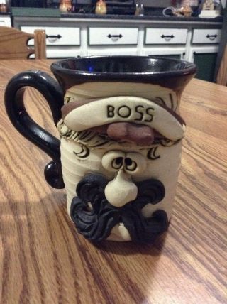 Funny Face Pottery Mug " Boss " Signed Bradford Folk Art Ugly