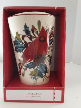 Lenox Winter Greetings Porcelain Top Travel Mug Cardinal Bird 12oz Tumbler