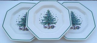 Set Of (3) - Nikko Christmastime - Octagon 10.  75 " Dinner Plate - Christmas Tree