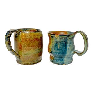 2 Studio Pottery Mugs Cups Artist Signed Shades Of Blue Red Brown 12oz