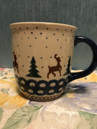 Boleslawiec Polish Pottery Coffee Mug Moose/reindeer Pine Handmade Navy - Green