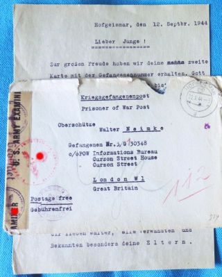 Censored Prisoner Of War Letter To Interned German Soldier - Africa Corps 1944