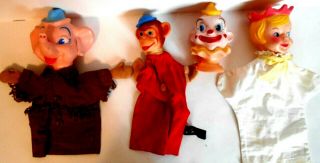 4 Vintage Puppets Vinyl Heads Cloth Bodies,  Elephant,  Clown,  Monkey,  Princess