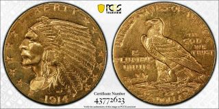 1914 - D $2.  5 Indian Quarter Eagle Gold Pcgs Au 110923