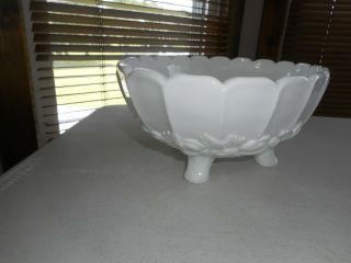 Vintage Indiana Milk Glass Footed Fruit Bowl Large Oval Raised Fruit Design 2