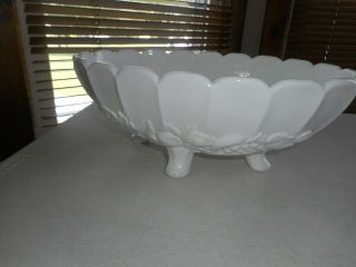 Vintage Indiana Milk Glass Footed Fruit Bowl Large Oval Raised Fruit Design 3