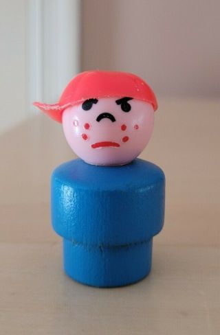 Vintage Fisher Price Little People Wood Blue Mad Boy/bully W/red Cap