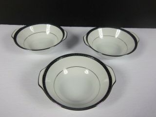 Noritake Peking 2229 White Geometric Black Trim Band Lugged Cereal Bowl Set Of 3