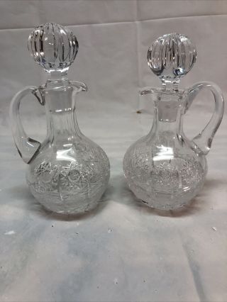 Set Of 2 Brilliant Cut Glass Crystal Cruet Decanters & Stoppers,