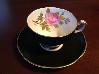 Adderley Black Teacup With Pink Cabbage Rose Artist Signed 1930s