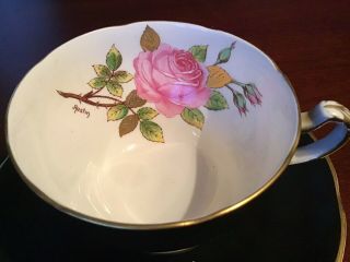 Adderley Black Teacup With Pink Cabbage Rose Artist Signed 1930s 2