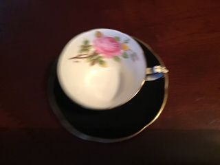 Adderley Black Teacup With Pink Cabbage Rose Artist Signed 1930s 3