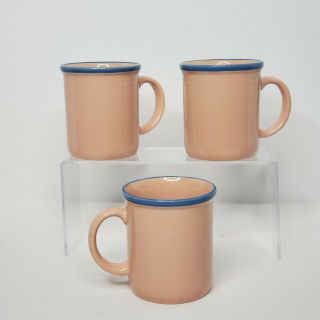 Set Of 3 Vintage Retro Rio Stoneware Coffee Mugs Cups Pink W Blue Trim Japan