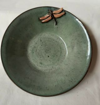 Handcrafted Art Pottery Bowl Glazed Blue & Brown Bark Textured/dragonfly Signed