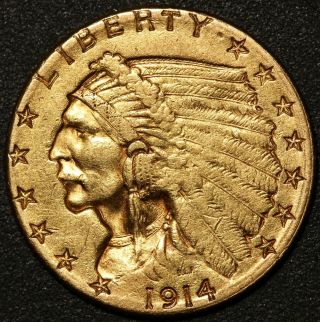 1914 - D U.  S.  Indian Head $2.  50 Quarter Eagle Gold Coin