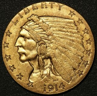 1914 U.  S.  Indian Head $2.  50 Quarter Eagle Gold Coin