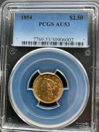 1854 $2.  50 Quarter Eagle Gold Coin Pcgs Au53