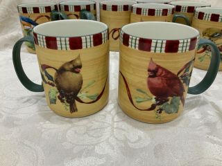 Set (2) Lenox Winter Greetings Coffee Mugs Tartan Tufted Red Cardinal