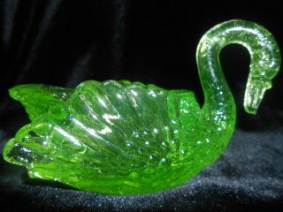 Green Vaseline Uranium Glass Swan / Easter Eggs Salt Cellar Dip Duck Dish Yellow