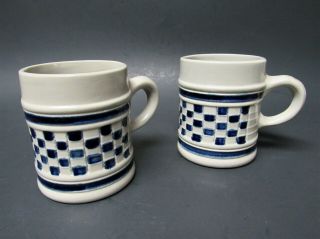 Pair - Williamsburg Stoneware Cobalt Blue Checkerboard Pattern Small Mugs
