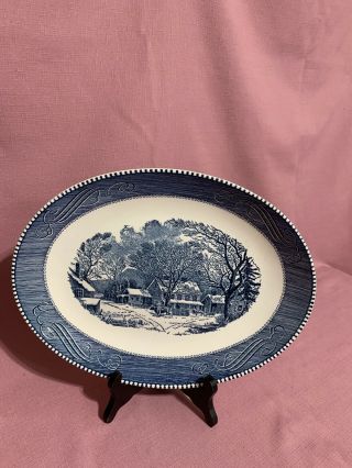Vintage Currier & Ives 13 " Oval Serving Platter - " Old Inn Winter " - Euc C
