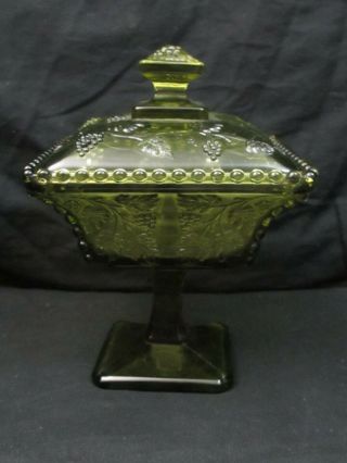 Vintage Green Elegant Glass Footed Candy Dish With Lid Grape Pattern 7 "