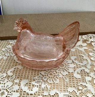 Hen On Nest Pink Depression Glass Covered Dish Size 6 Inches X 5 Inches,  Marked.