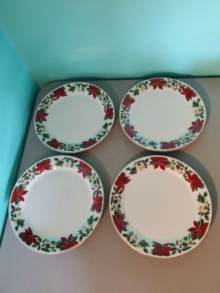 Set Of 4 Gibson Everyday Poinsettia 9 3/4 " Dinner Plate Christmas Holiday