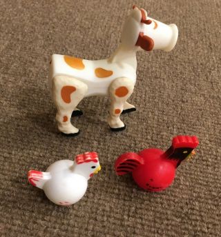 Vintage Fisher Price Little People Cow,  Rooster,  And Chicken,  Made In Hong Kong