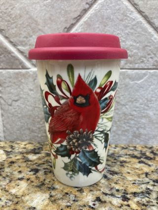 Lenox Winter Greetings Cardinal Ceramic Travel Cup W/ Red Silicone Lid