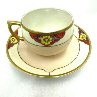 Seito Studio Rust Peach Tea Cup Saucer Hand Painted Floral Luster Japan