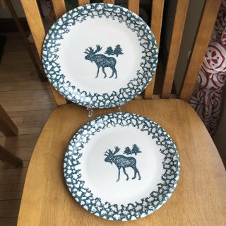 Moose Country Folk Craft By Tienshan Green Sponge 10 1/2 " Dinner Plates Set Of 2