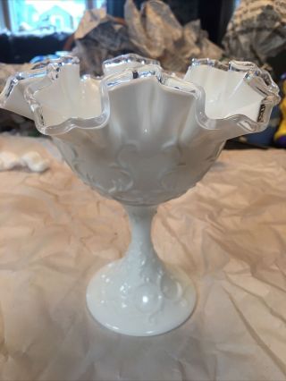 Fenton Milk Glass Footed Pedestal Candy Dish Ruffled Top Silver Chest 5e