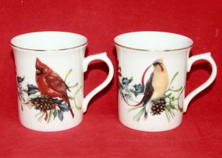 LENOX Winter Greetings Set of 2 Bird Mugs Cardinals Cedar Waxwing Junco 2