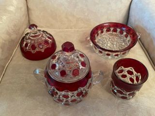 Eapg Hexagon Block Ruby Glass 1890 Era,  5 Piece Lidded Pot,  Lidded Dish Cup