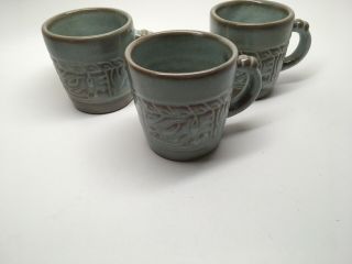 (3) Vintage Frankoma Pottery 7c Plainsman Green Aztec Mugs Cups -