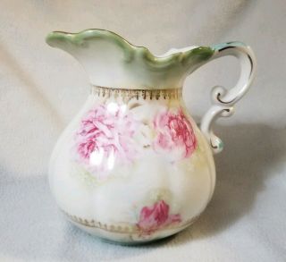 Vintage Lefton Pitcher Hand Painted Japan Gold Floral Porcelain Tall Rose Green