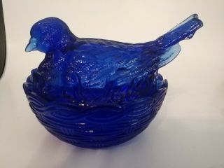 Vintage Cobalt Blue Bird On Nest Lidded Candy Dish